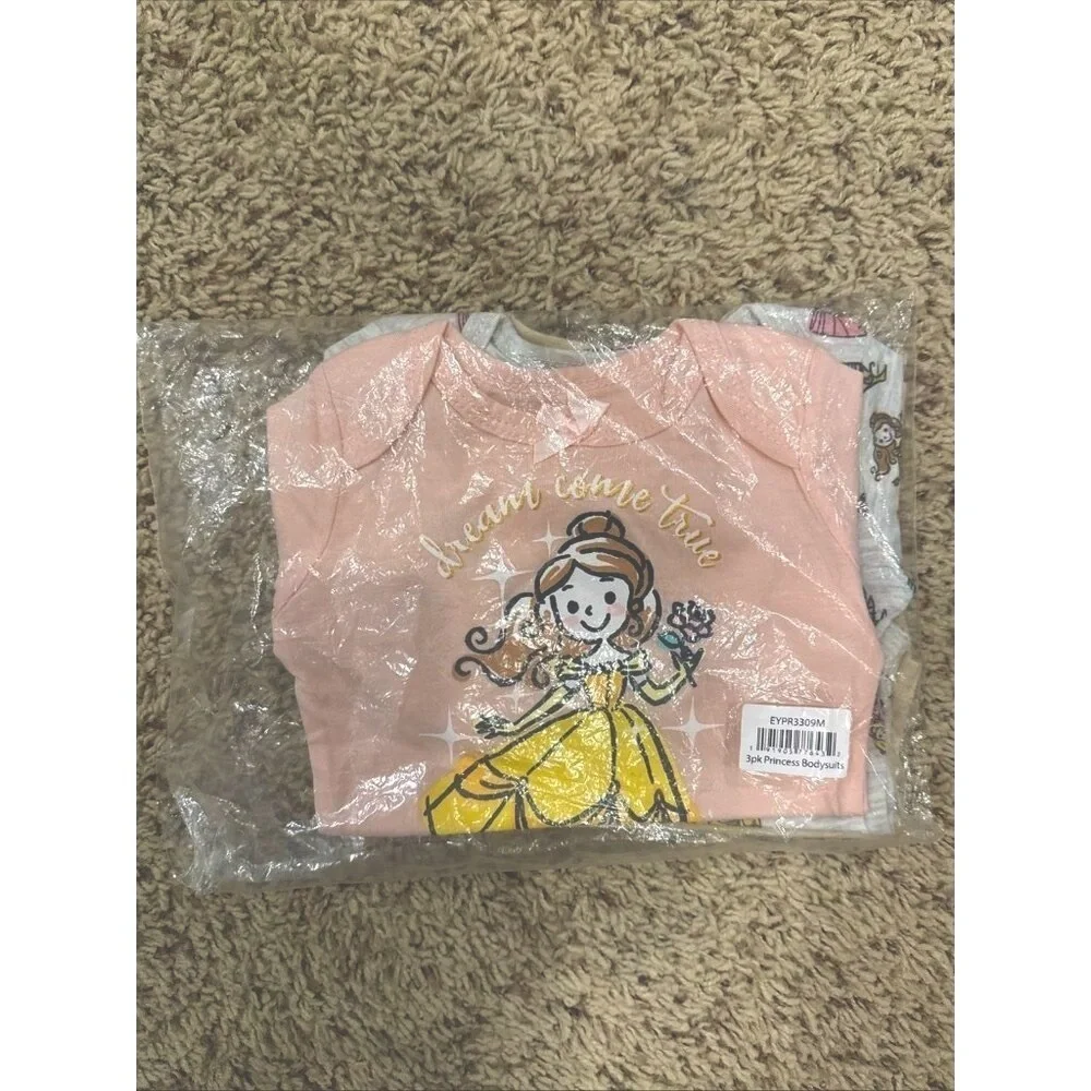 Disney Princess Long Sleeve Bodysuit set of 3 Belle Cinderella Aurora 6-9m